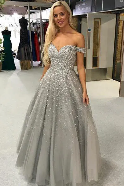 Beautiful A Line Grey Tulle Off Shoulder Silver Beaded Long Formal Prom Dress Evening Dress OHC389