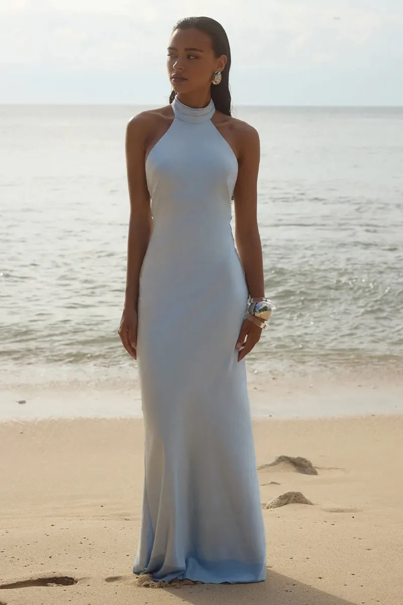 Brigitte Halter Neck Open Back Satin Maxi Dress