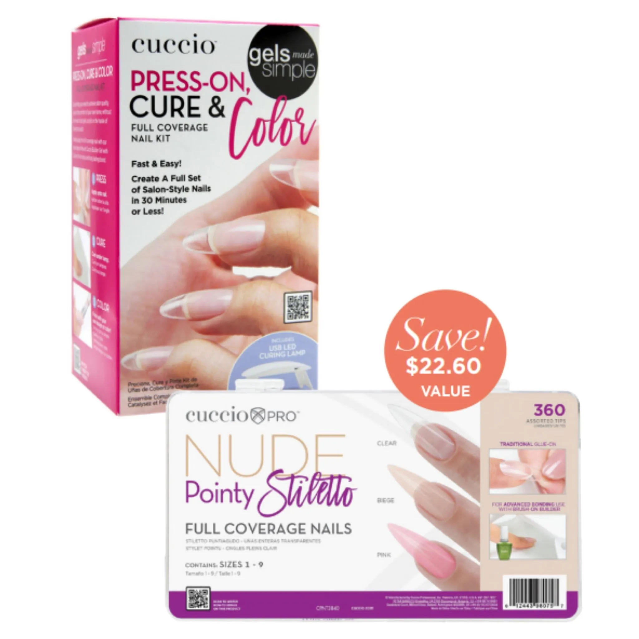 Bundle: Press, Cure & Color Kit   Full Coverage Assorted Nude Stiletto Nail Tips Set 360 count