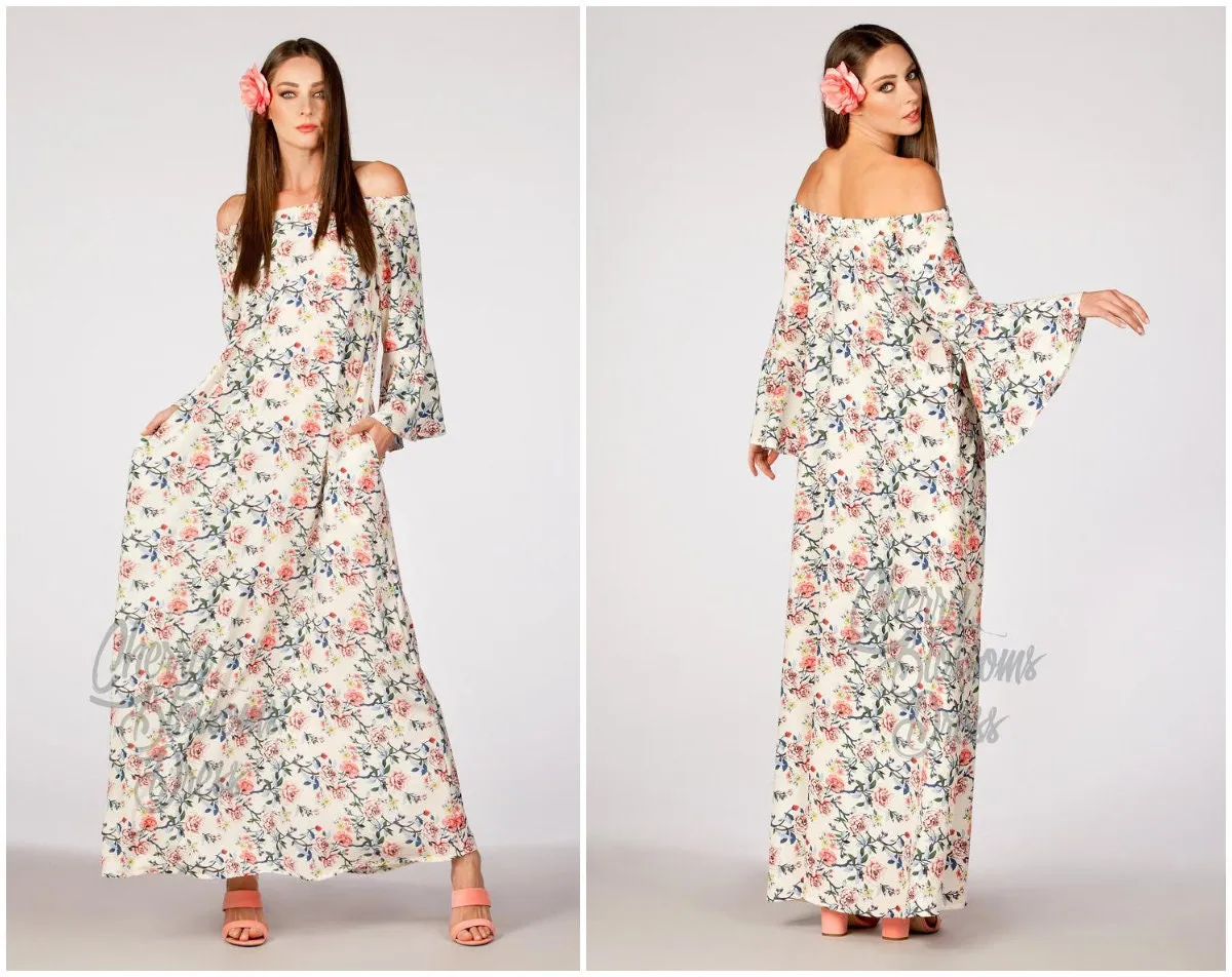 Charming Boho Floral Summer Maxi Dress for Women & Girls, Easter Flowers Off Shoulders Loose Maternity dress with Bell-Sleeves and Pockets