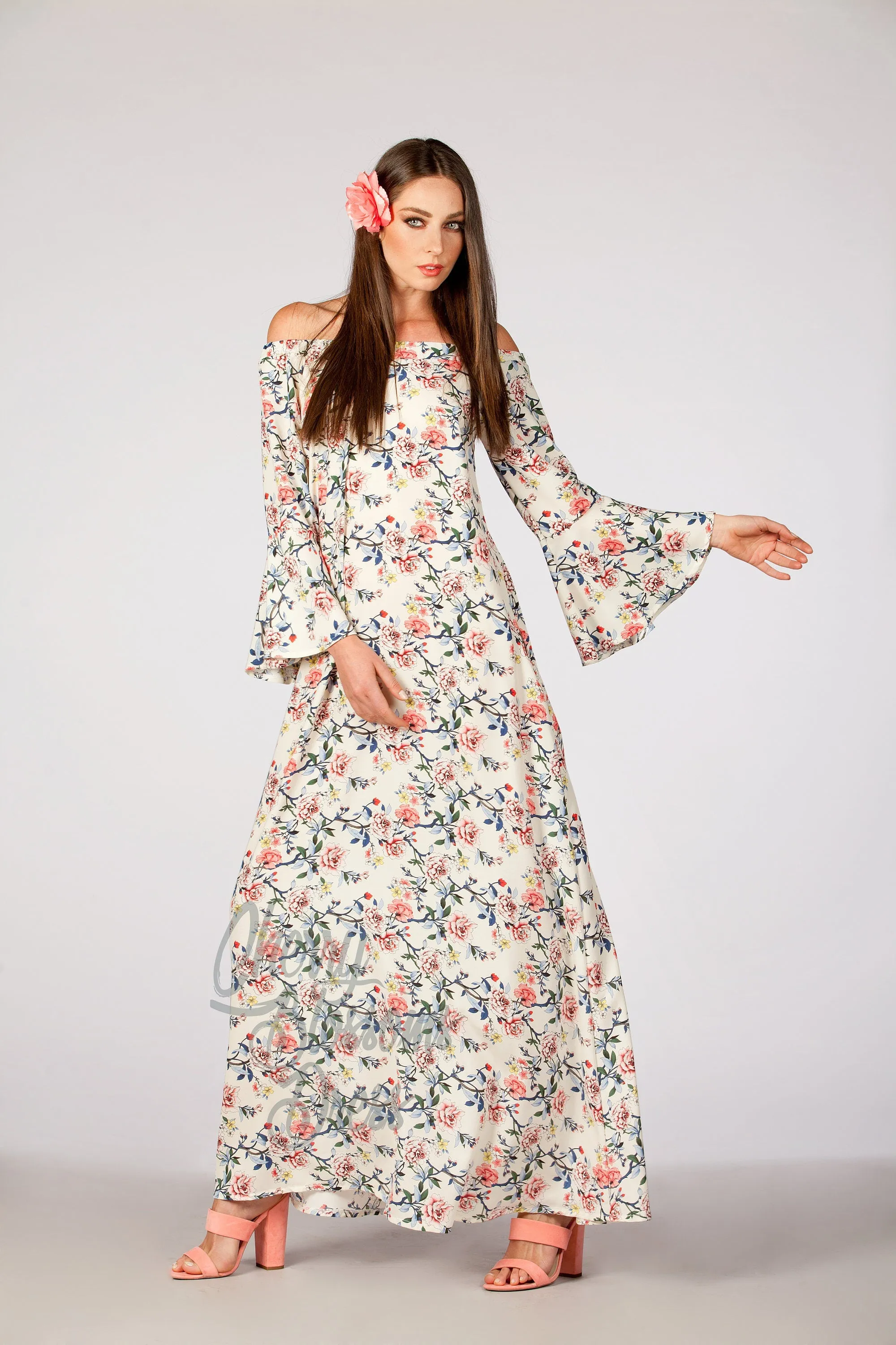 Charming Boho Floral Summer Maxi Dress for Women & Girls, Easter Flowers Off Shoulders Loose Maternity dress with Bell-Sleeves and Pockets