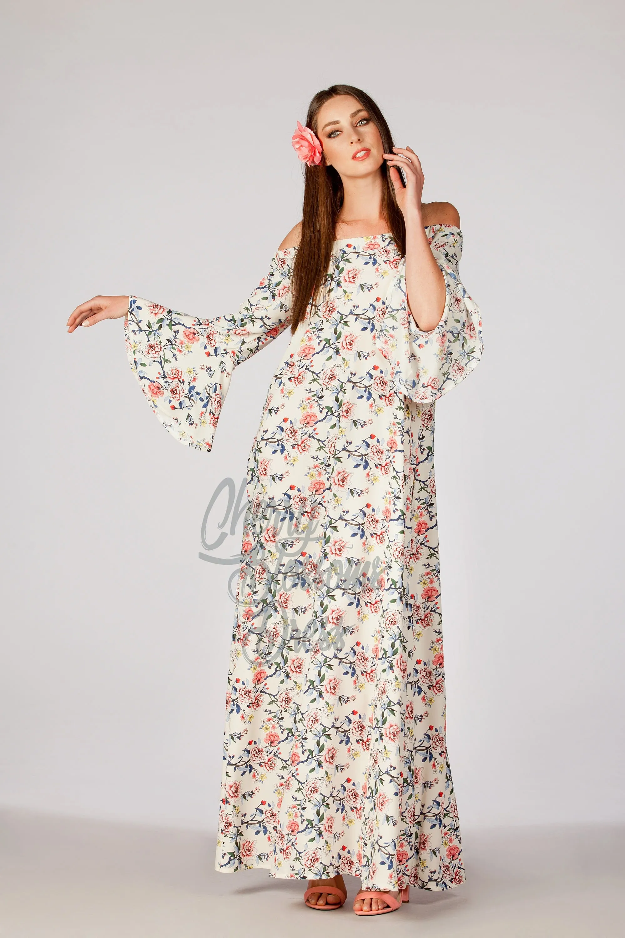 Charming Boho Floral Summer Maxi Dress for Women & Girls, Easter Flowers Off Shoulders Loose Maternity dress with Bell-Sleeves and Pockets