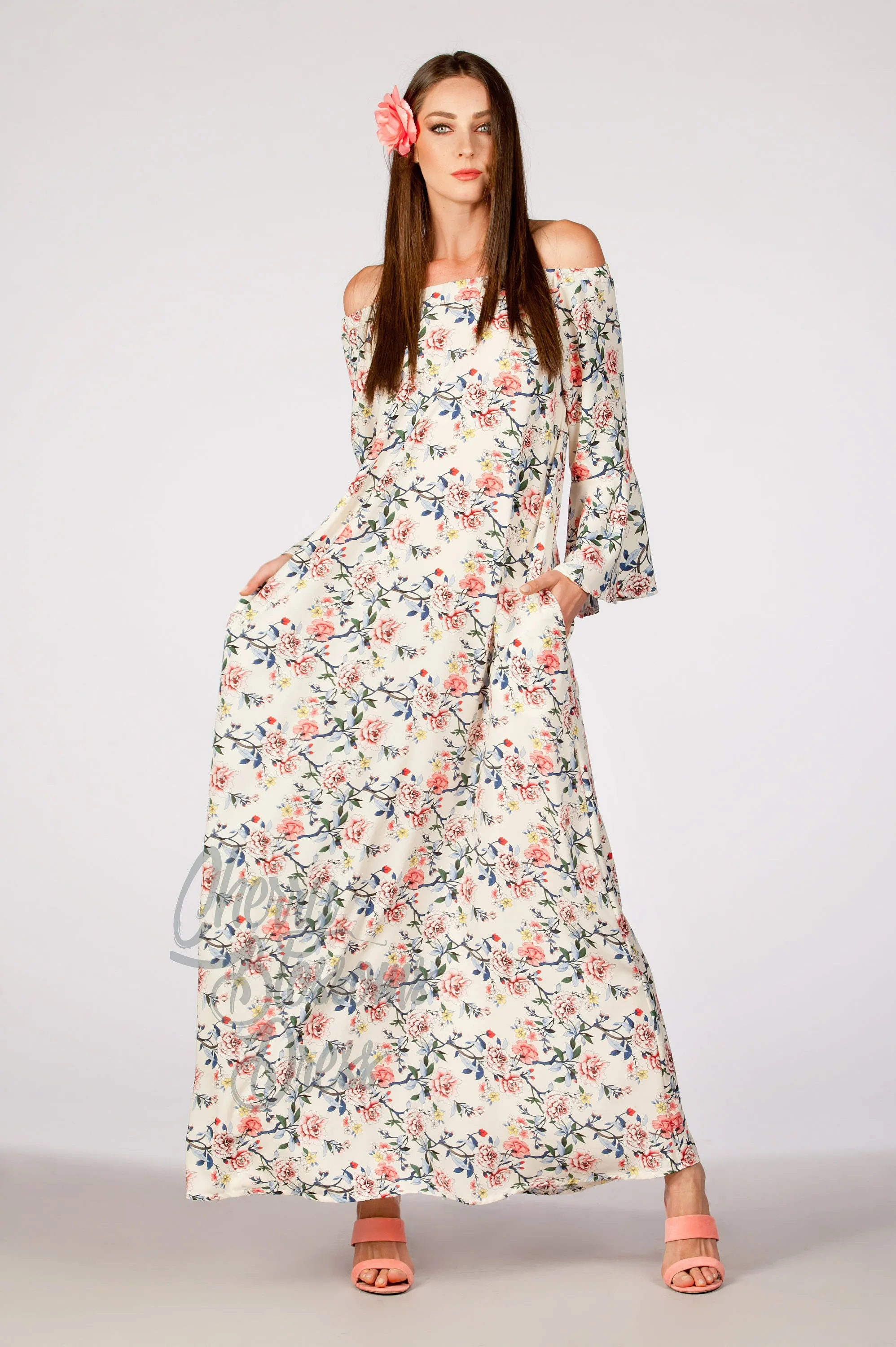 Charming Boho Floral Summer Maxi Dress for Women & Girls, Easter Flowers Off Shoulders Loose Maternity dress with Bell-Sleeves and Pockets