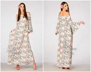 Charming Boho Floral Summer Maxi Dress for Women & Girls, Easter Flowers Off Shoulders Loose Maternity dress with Bell-Sleeves and Pockets
