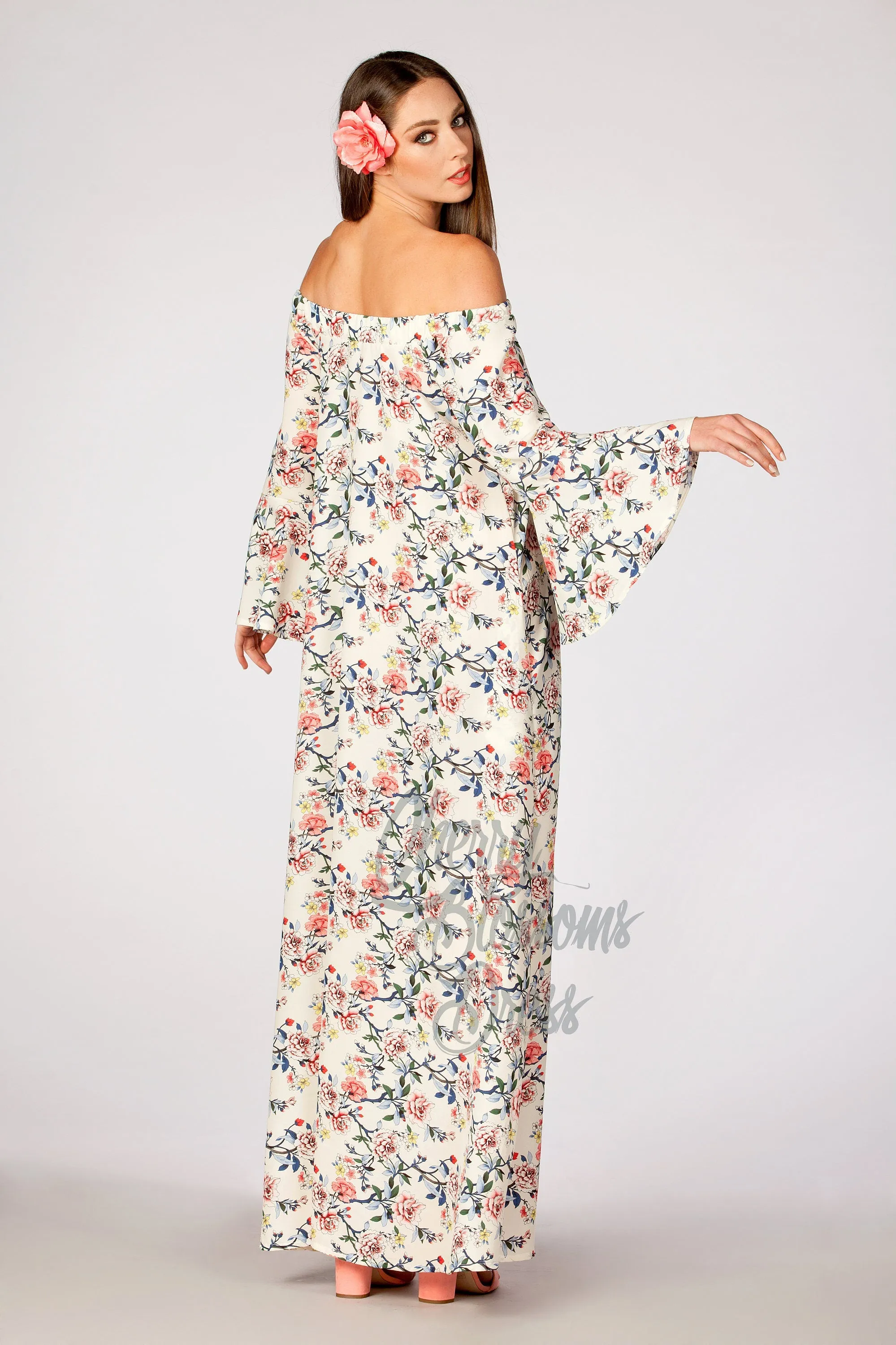 Charming Boho Floral Summer Maxi Dress for Women & Girls, Easter Flowers Off Shoulders Loose Maternity dress with Bell-Sleeves and Pockets