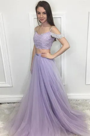 Charming Lilac Tulle Lace Sequins Short Sleeves Two Piece Long Senior Prom Dress Formal Dress OHC384