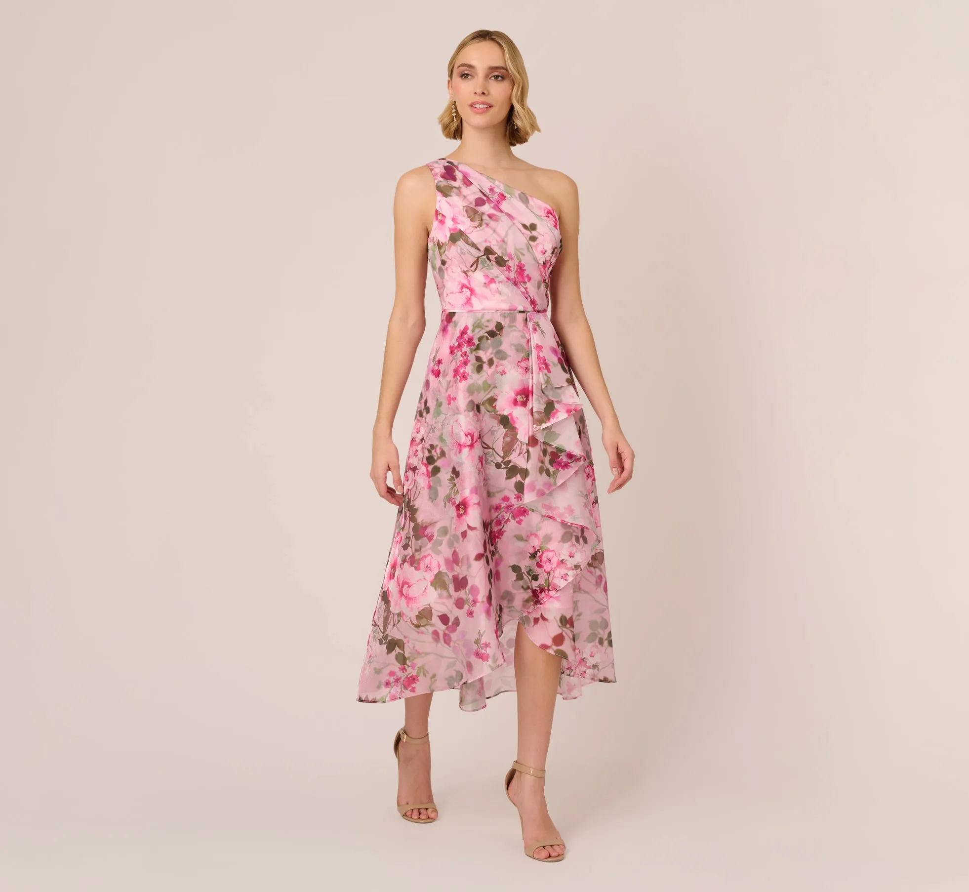 Floral Print Organza Midi Dress With One Shoulder Neckline In Pink Multi