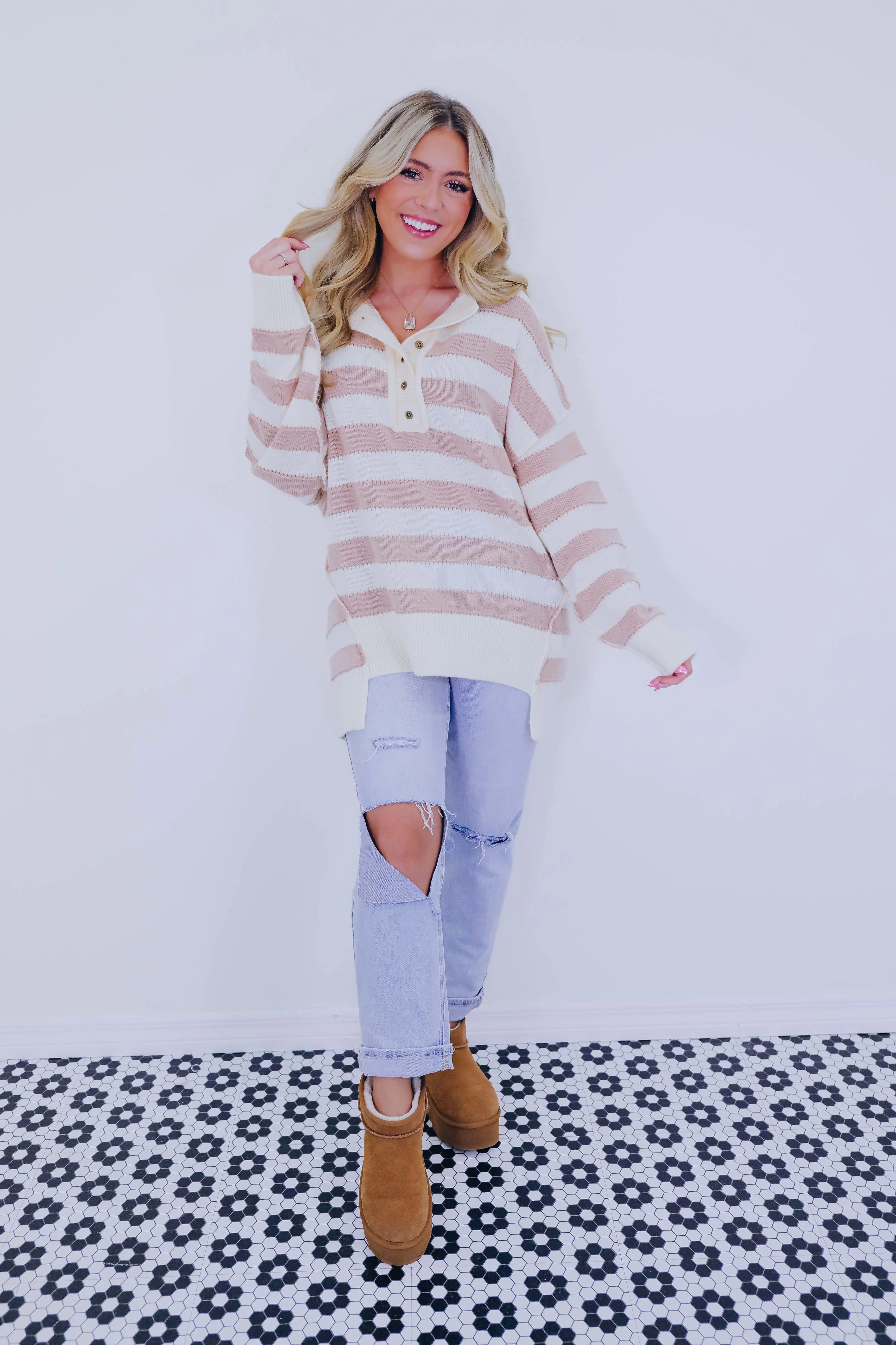 ***Huggable Henley Striped Sweater - 4 Colors SAMPLE