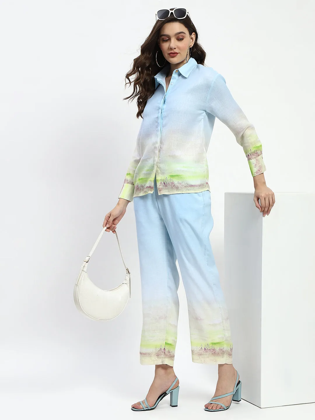 Madame Botanical Print Shirt And Palazzo Sky Blue Coord Set