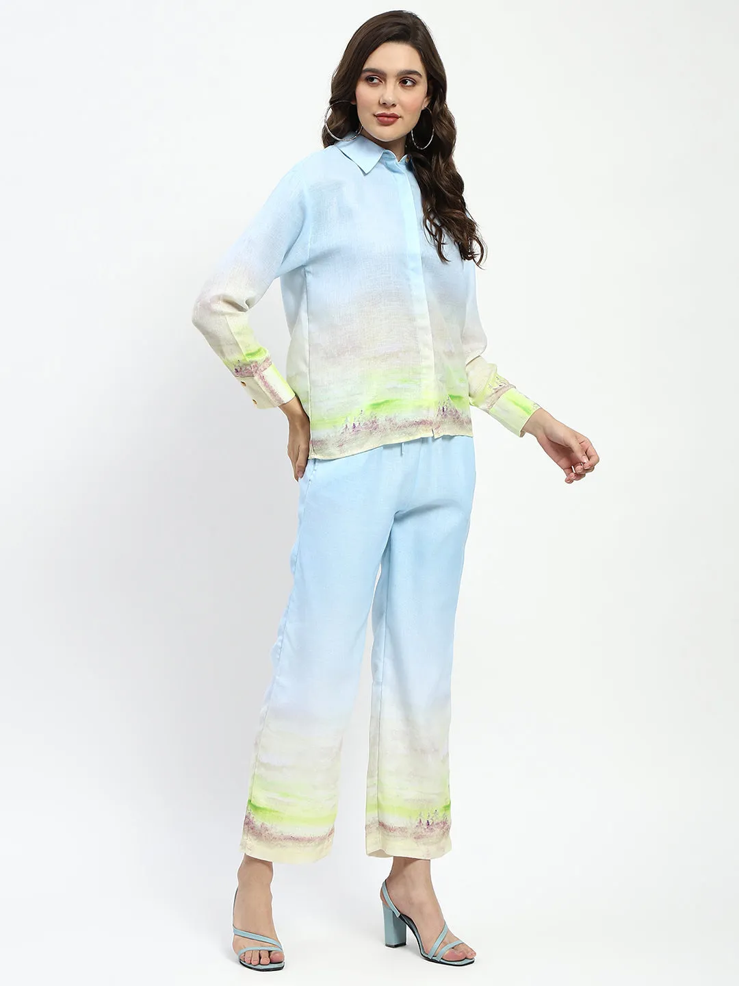 Madame Botanical Print Shirt And Palazzo Sky Blue Coord Set