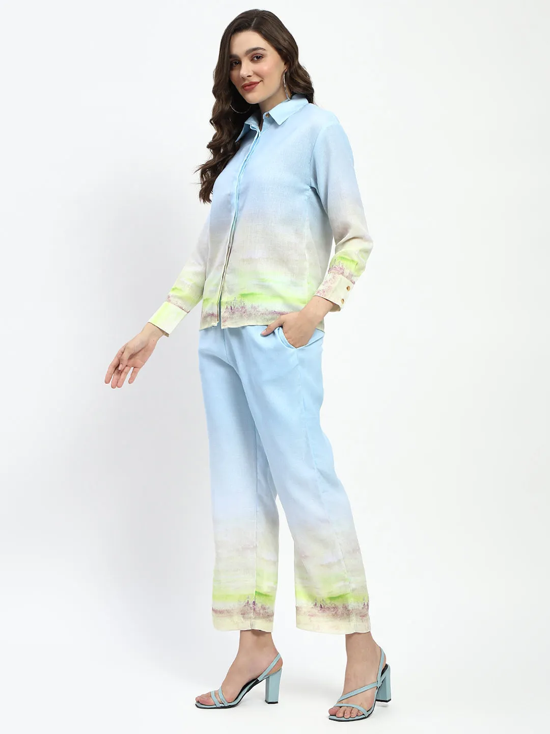 Madame Botanical Print Shirt And Palazzo Sky Blue Coord Set