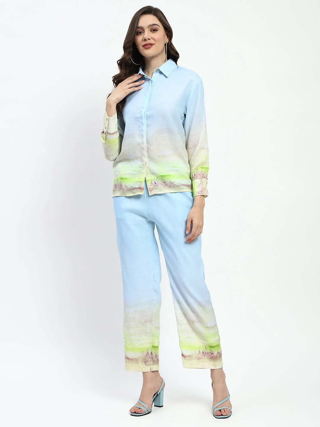 Madame Botanical Print Shirt And Palazzo Sky Blue Coord Set