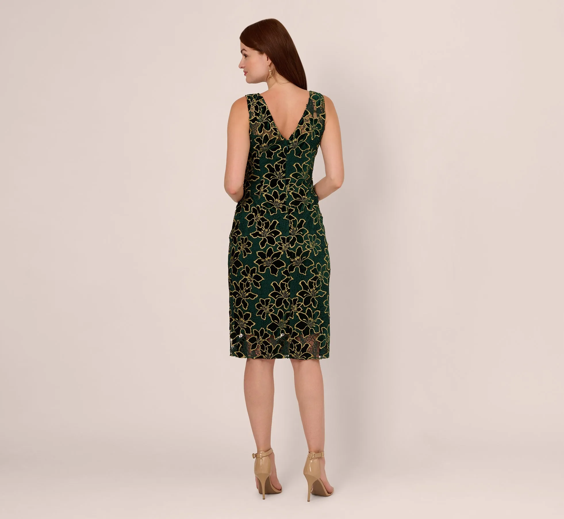 Metallic Floral Lace Midi Dress With Illusion Neckline In Hunter Gold