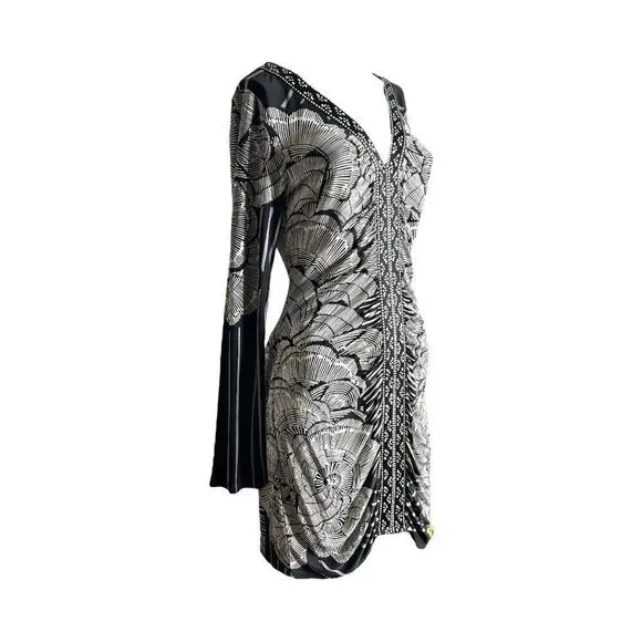 NEW Hale Bob Ruched Dress Silk Pullover Long Sleeves Black White Stretch Women M