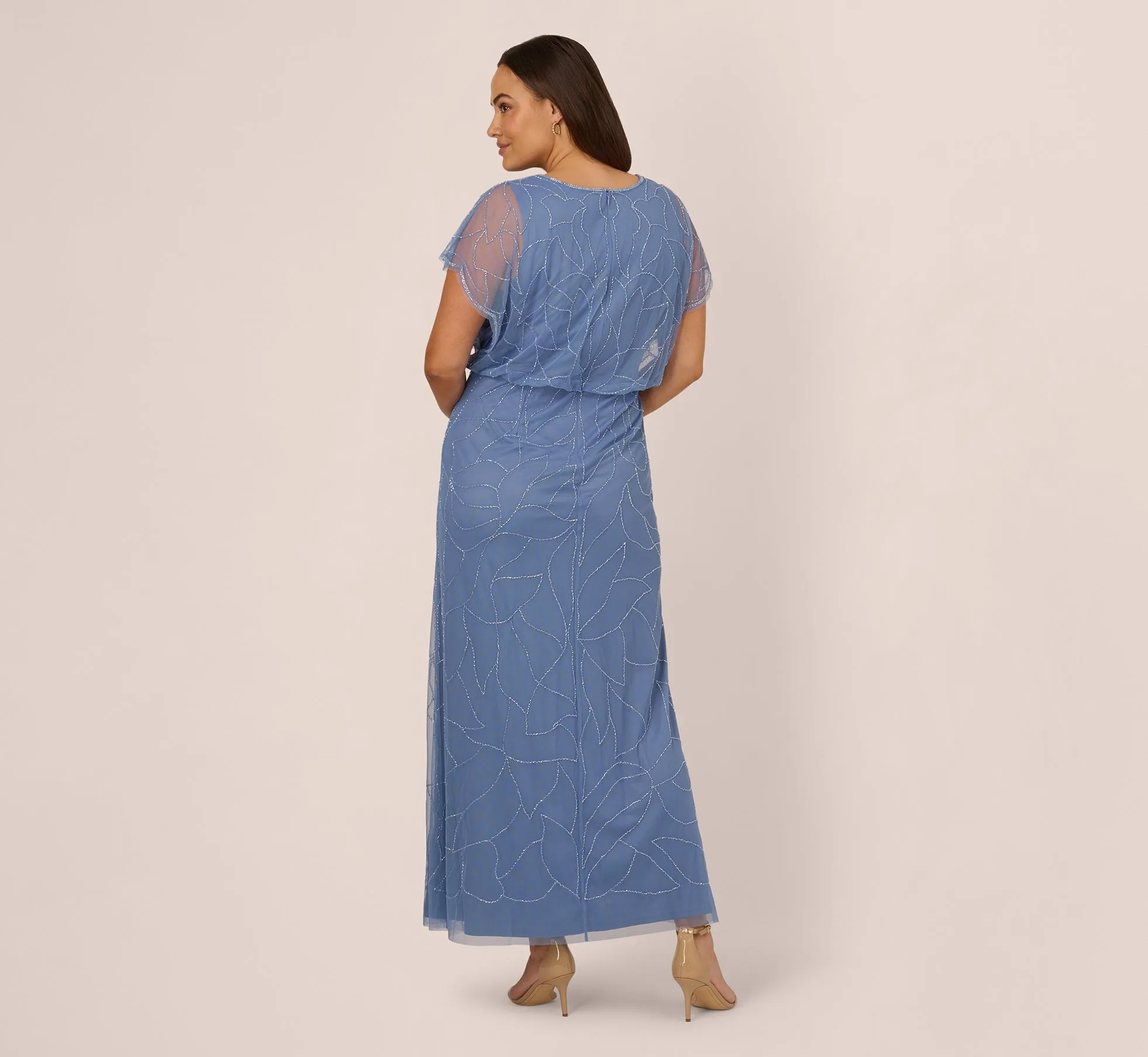 Plus Size Beaded Blouson Mermaid Gown With Sheer Dolman Sleeves In French Blue