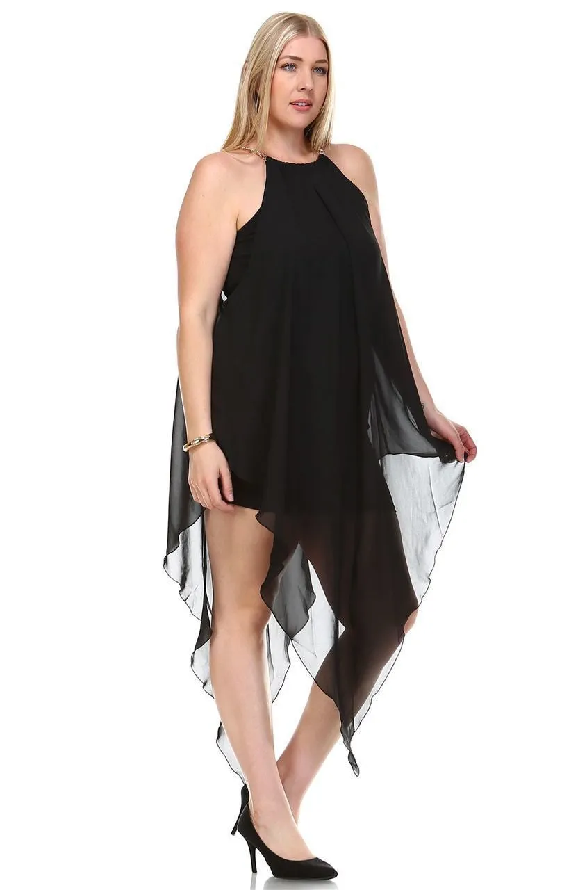 Plus Size Cocktail Dress Asymmetrical Hem with Gold Chains Black