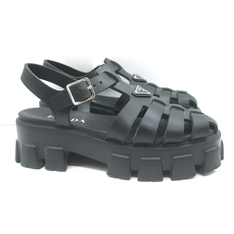 Prada Monolith Platform Sandals Black Rubber Size 41