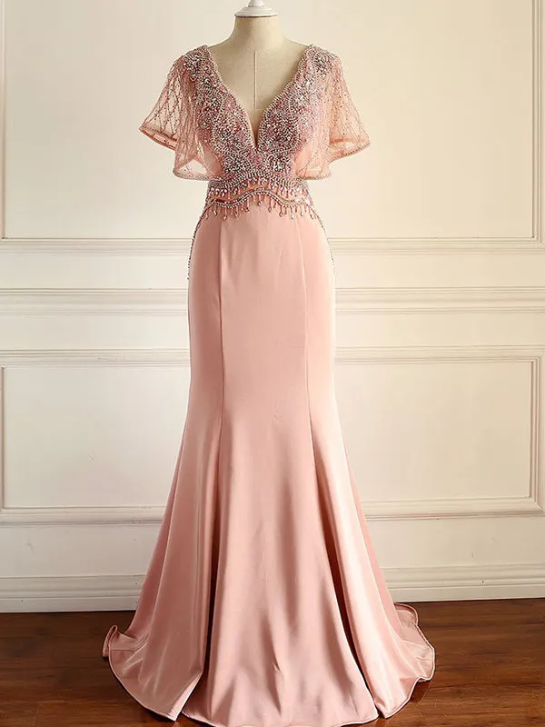 Sexy V neck Short Sleeve Mermaid Prom Dress Luxury Beaded Open Back Formal Evening Gown CAP51235
