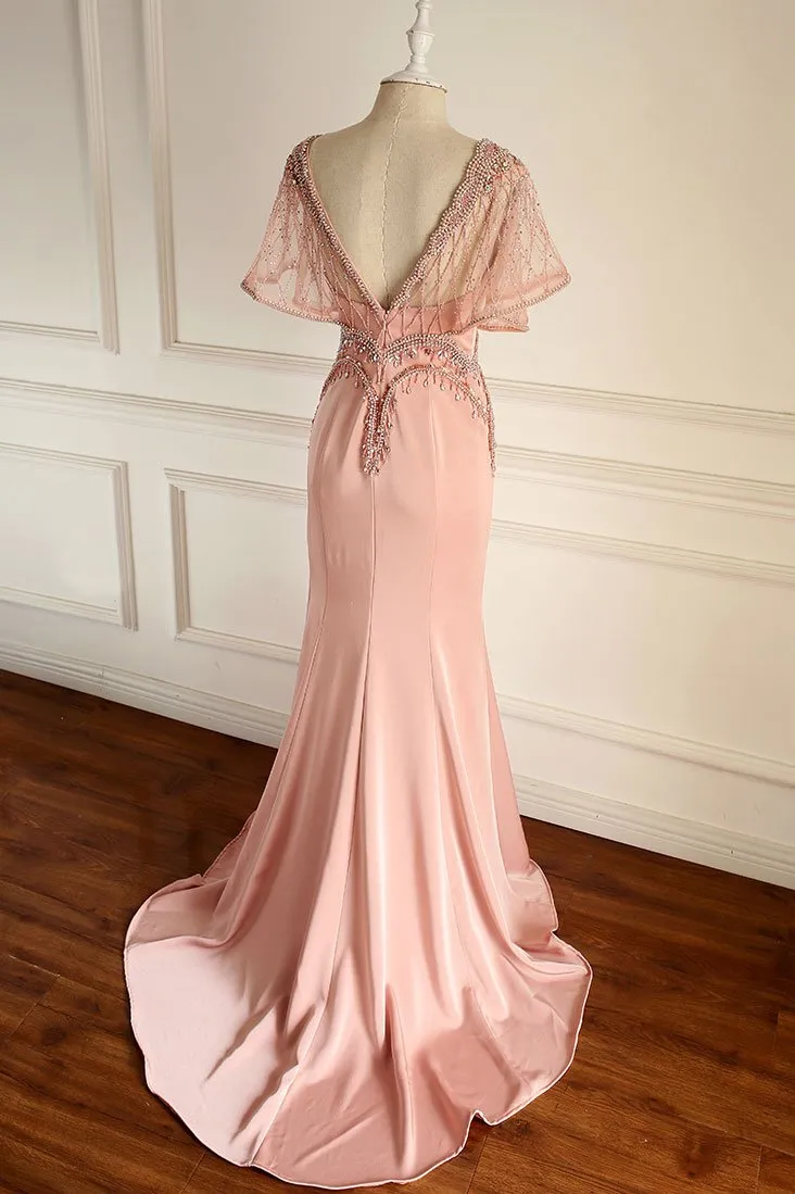 Sexy V neck Short Sleeve Mermaid Prom Dress Luxury Beaded Open Back Formal Evening Gown CAP51235