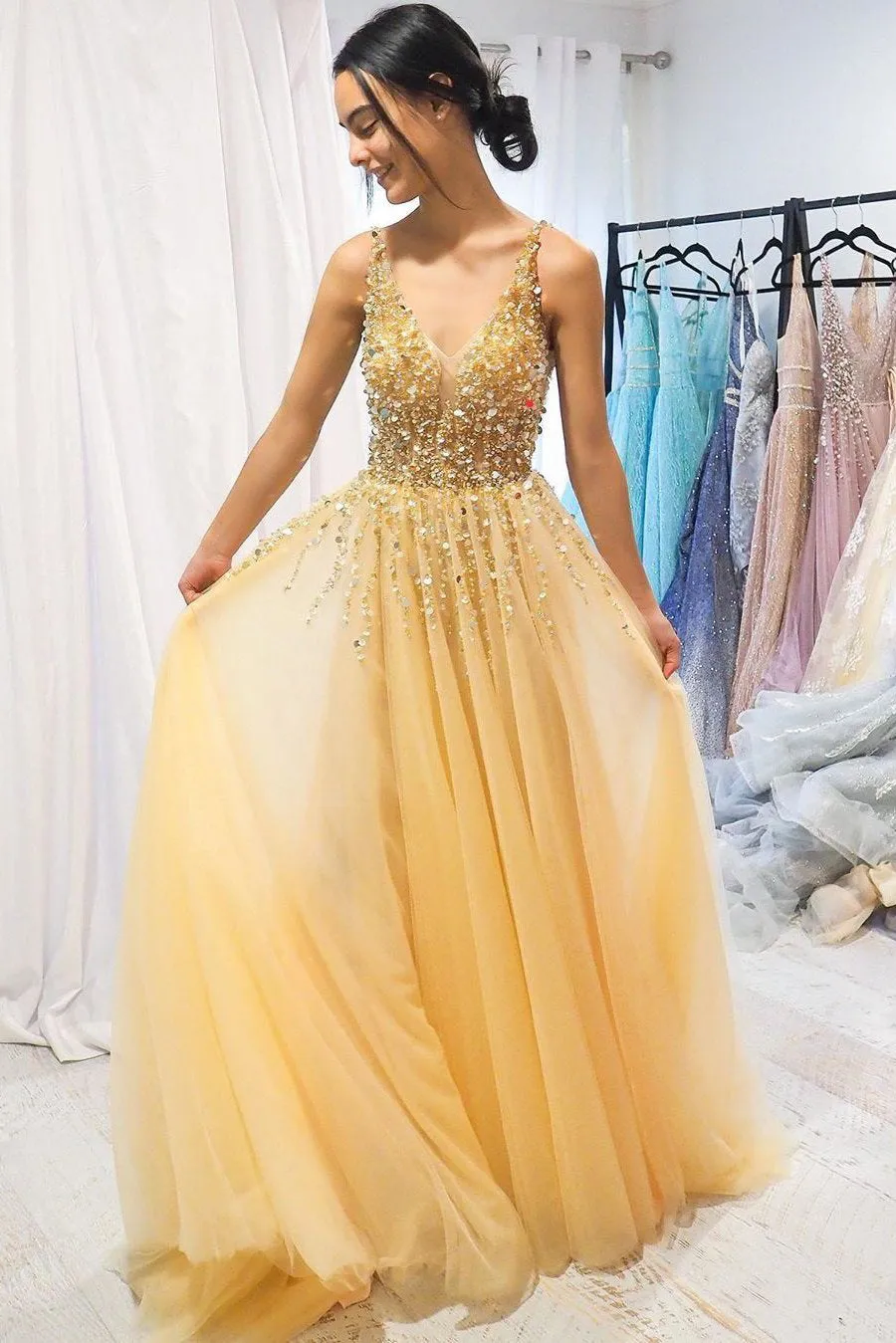 Sparkly A-line V neck Floor Length Sleeveless Tulle Long Prom Dresses Formal Dresses OHC112