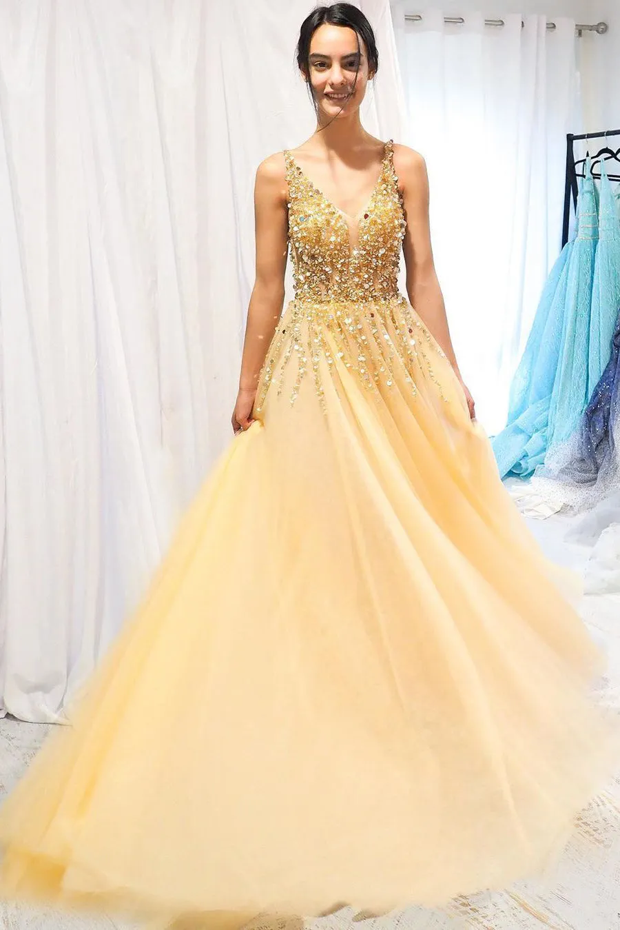 Sparkly A-line V neck Floor Length Sleeveless Tulle Long Prom Dresses Formal Dresses OHC112