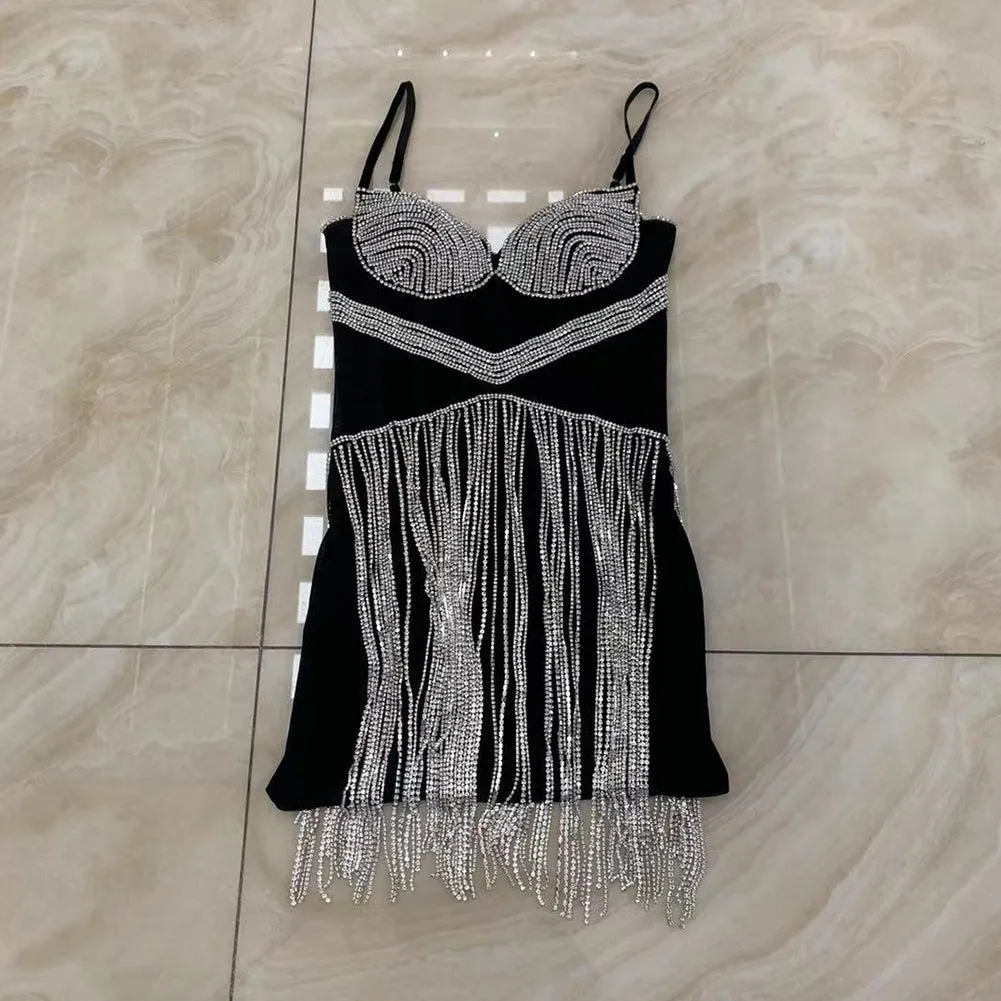 Strappy Sleeveless Drill Chain Mini Bodycon Dress HT922