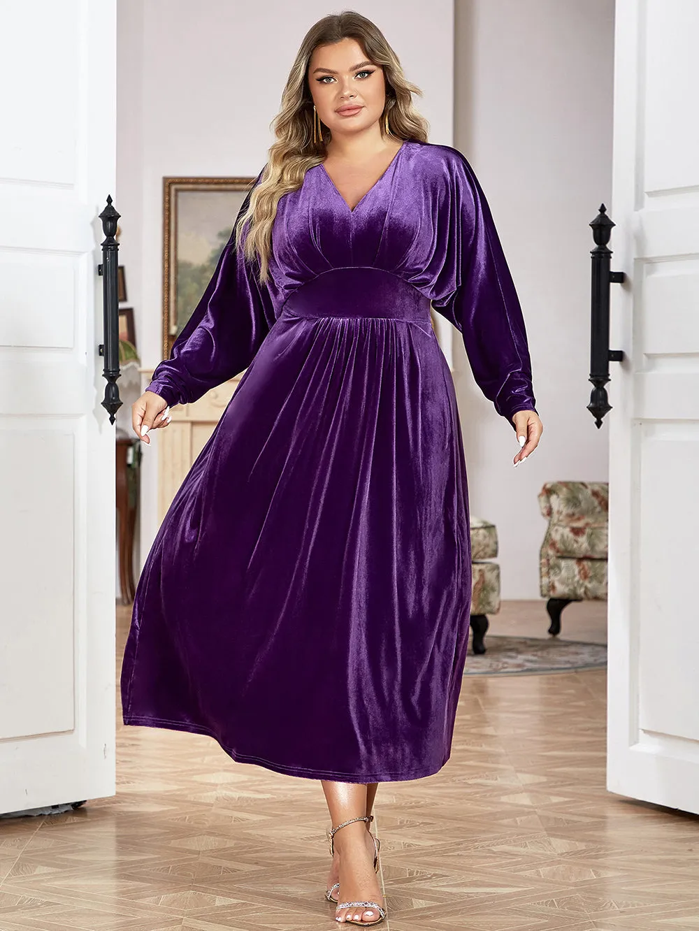 V Neck Long Sleeve Plain Midi Bodycon Dress HB00143