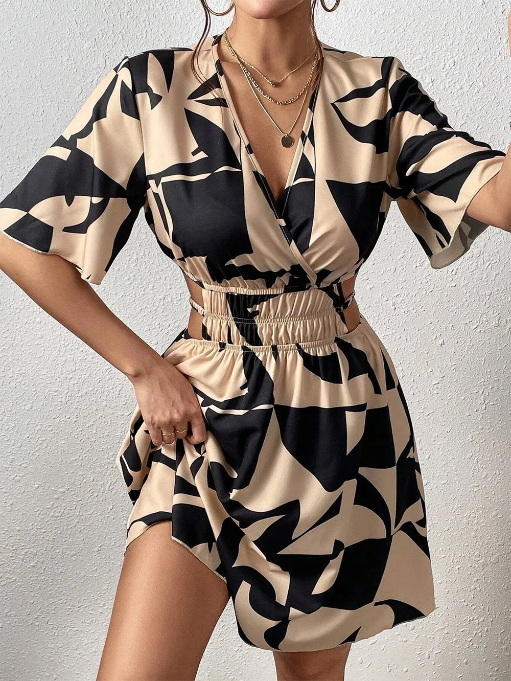 V Neck Mid Sleeve A-Line Mini Bodycon Dress HB100591