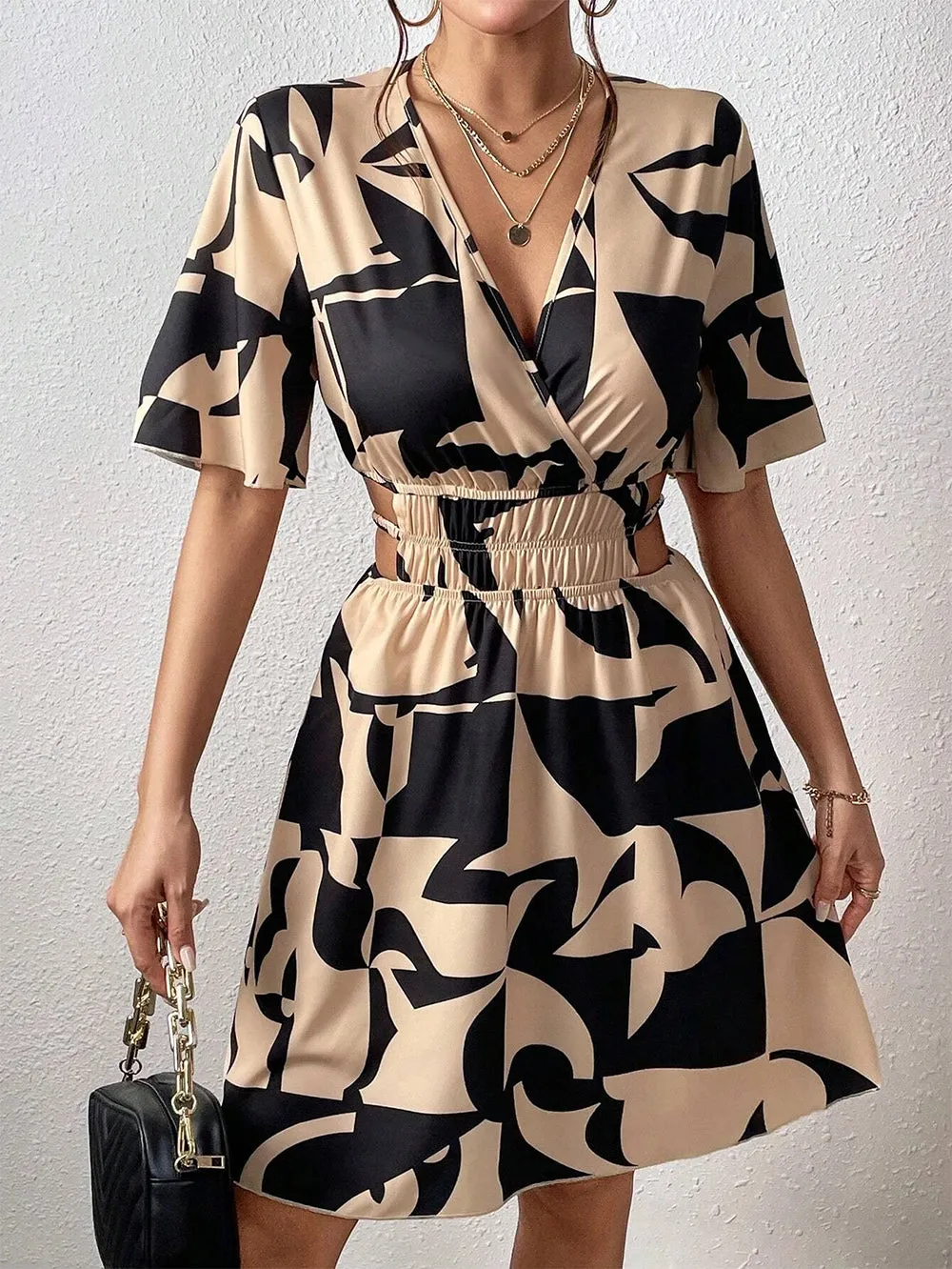 V Neck Mid Sleeve A-Line Mini Bodycon Dress HB100591