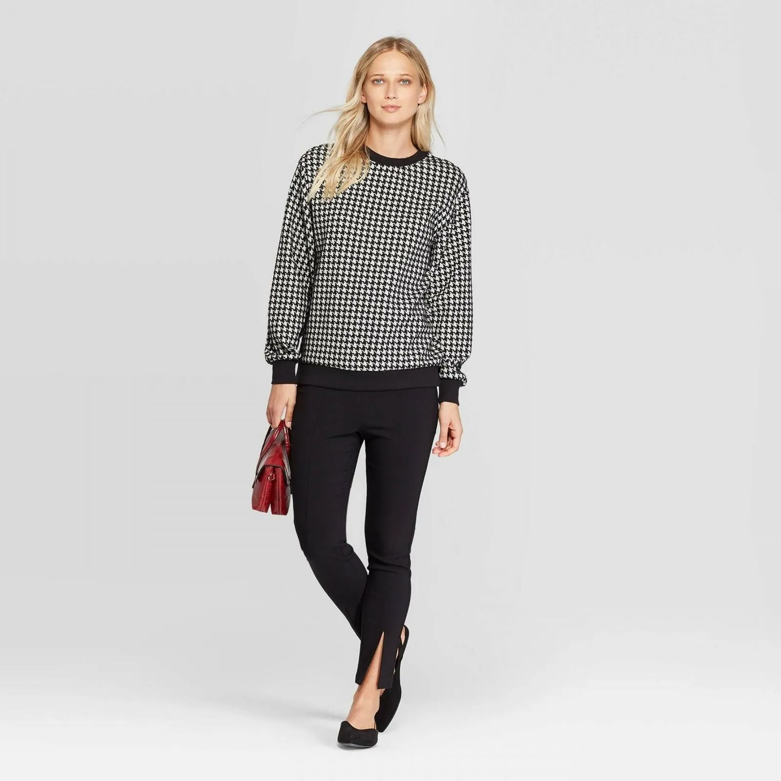 Who What Wear Women's Crewneck Jacquard Houndstooth Sweater