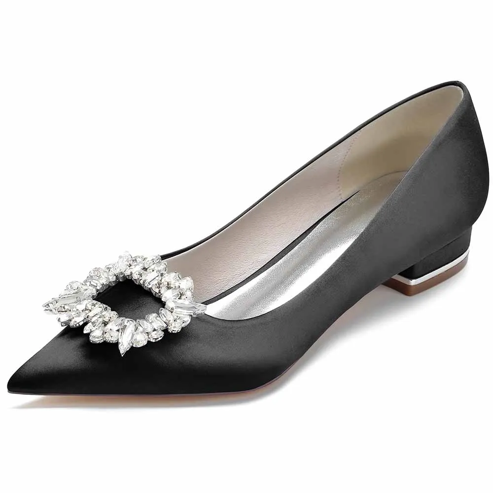 Women Party Flat Shoes Satin Bridal Shoes with Bead Buckle Pattern
