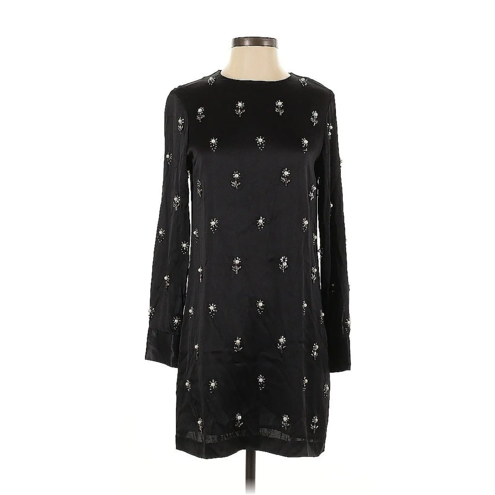 Zara Women's Beaded Long Sleeve Black Satin Mini Dress – Size Small