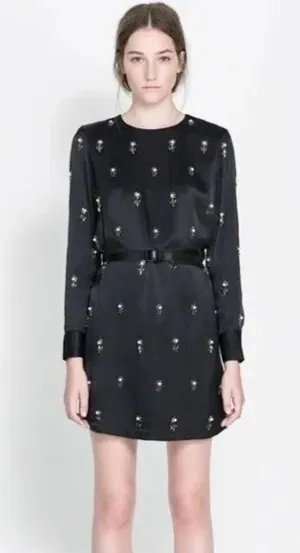 Zara Women's Beaded Long Sleeve Black Satin Mini Dress – Size Small