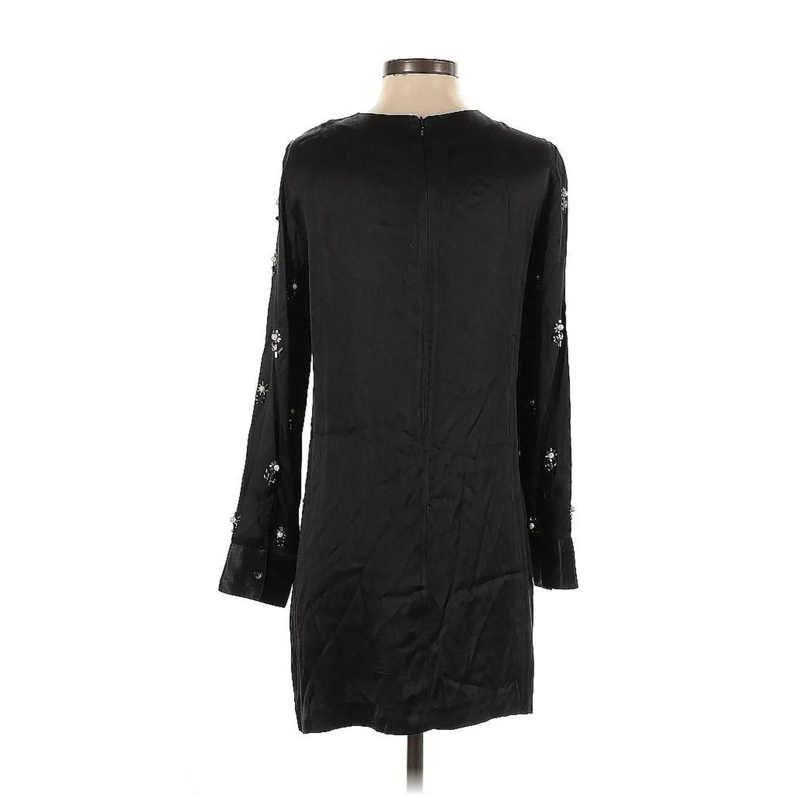 Zara Women's Beaded Long Sleeve Black Satin Mini Dress – Size Small