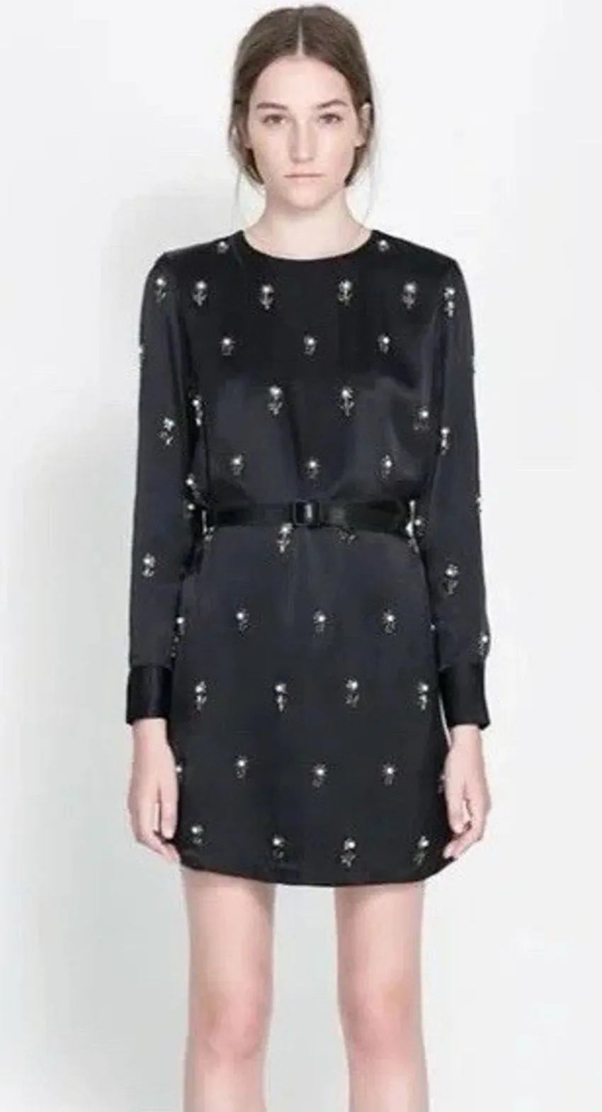 Zara Women's Beaded Long Sleeve Black Satin Mini Dress – Size Small